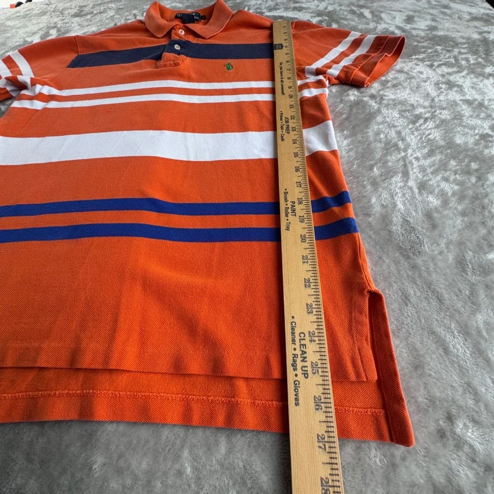 Polo Ralph Lauren Polo Shirt Mens M Orange Navy White Striped Preppy Pique Top
